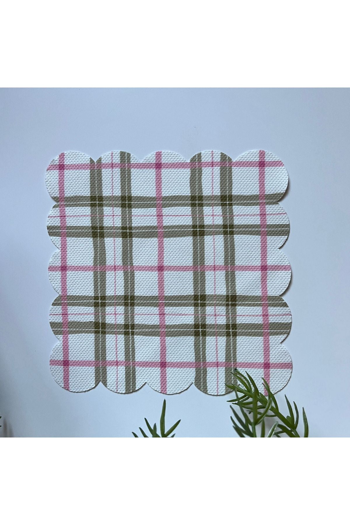 Plaid Patterned Pink and Green Digital Printed, Laser Cut Edge Decorative Cocktail Napkins