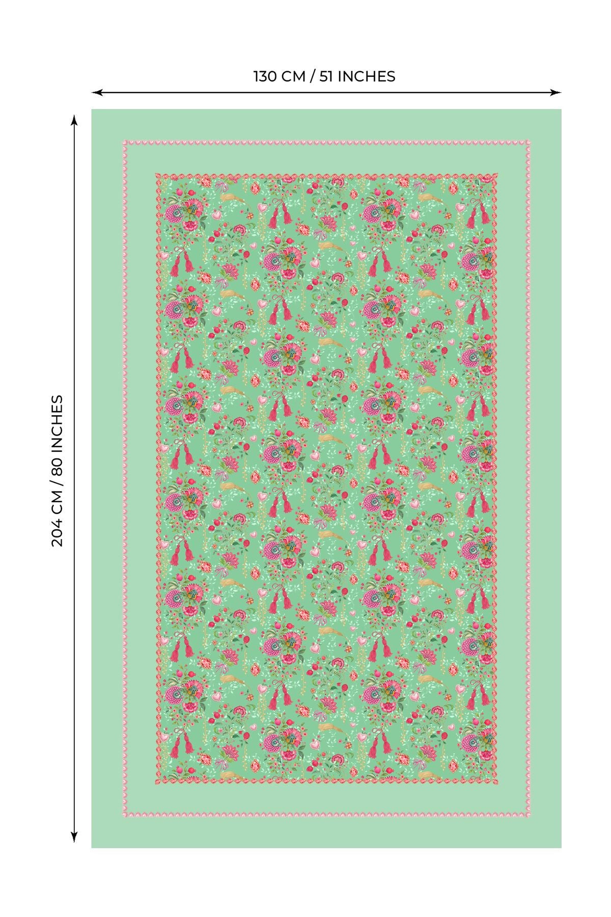 Love Bloom Kalpli Yeşil Çiçekler Tasarımlı Masa Örtüsü - 130x204cm