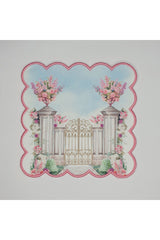 Pembe Çiçekler ve Saray Desenli Düğün Temalı Etrafı Nakışlı Kokteyl Peçetesi