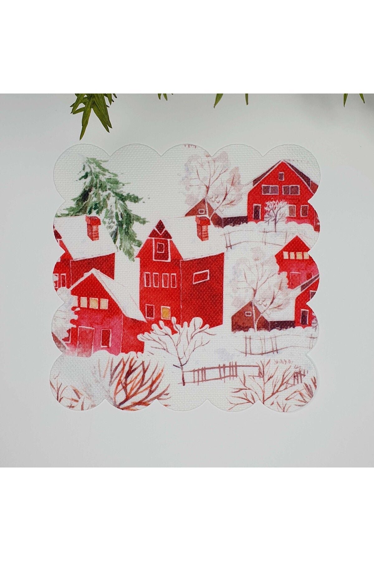Sulu Boya Kırmızı Evler Tasarımlı Lazer Kesim Kumaş Kokteyl Peçetesi 1 Adet