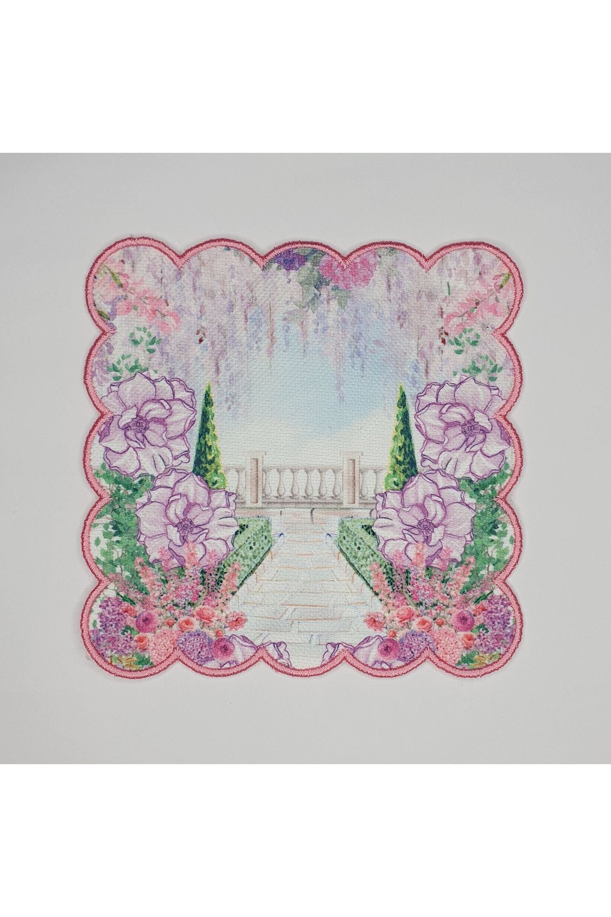 Wedding Themed Cocktail Napkin with Embroidered Border and Road to Palace Design