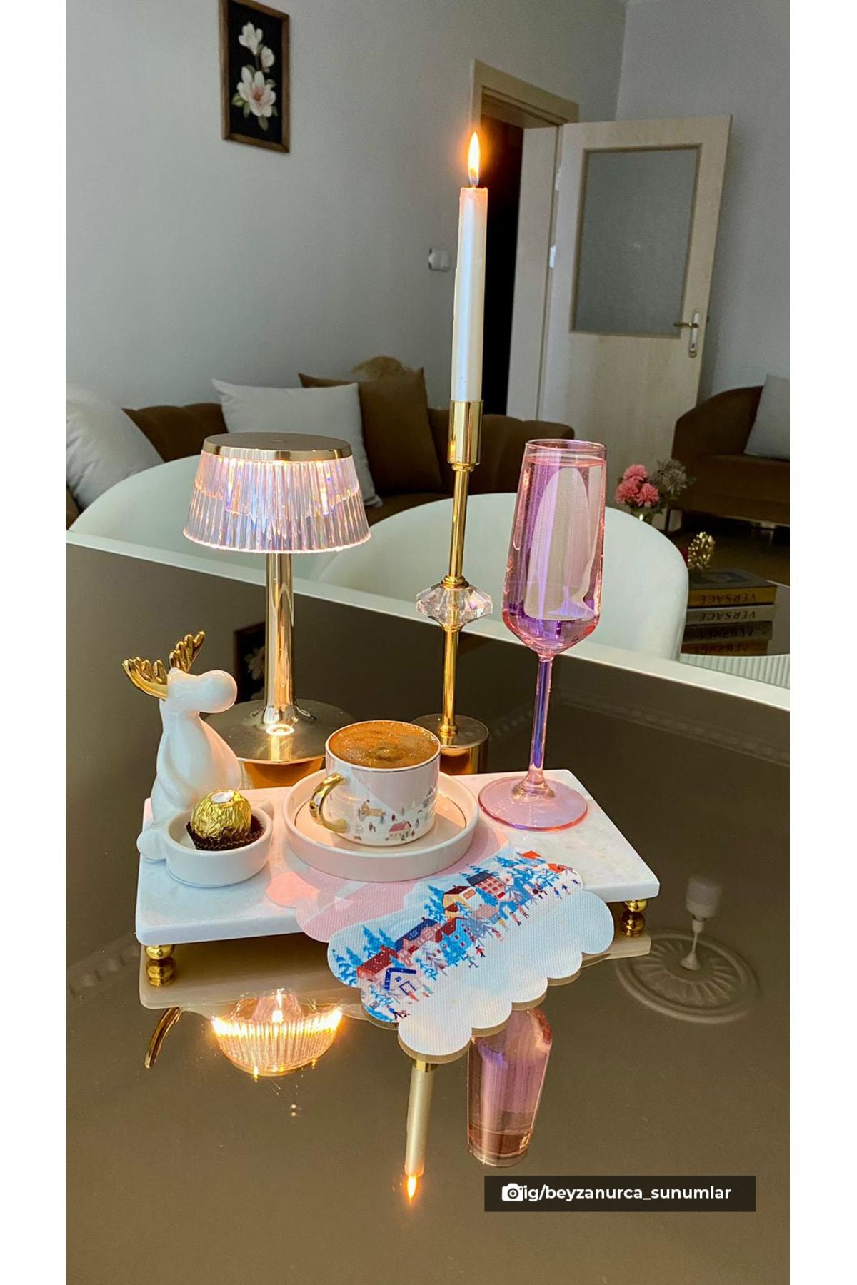 Pembe Gökyüzü Yılbaşı Temalı Dijital Baskılı Lazer Kesim Kokteyl Peçetesi Yıkanabilir