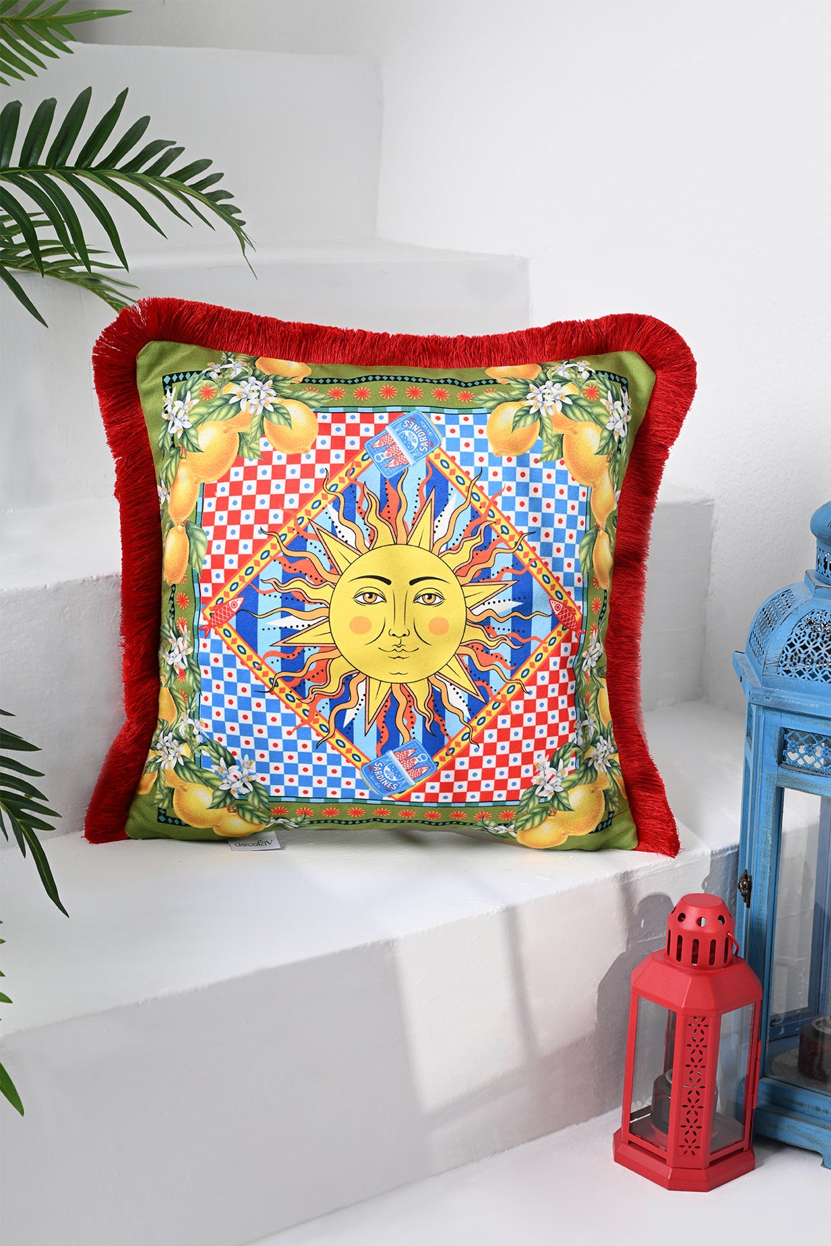 Sole di Sicilia Güneş Desenli Yeşil Tasarımlı Saçaklı Kadife Kırlent Kılıfı - 43x43cm