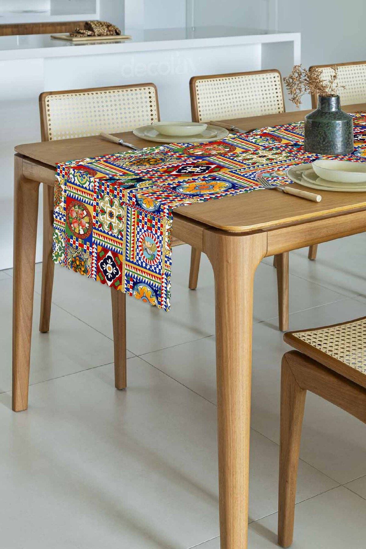 Sicily İtalyan Çini Stili Lazer Kesim Dikişsiz Runner - 48x135cm