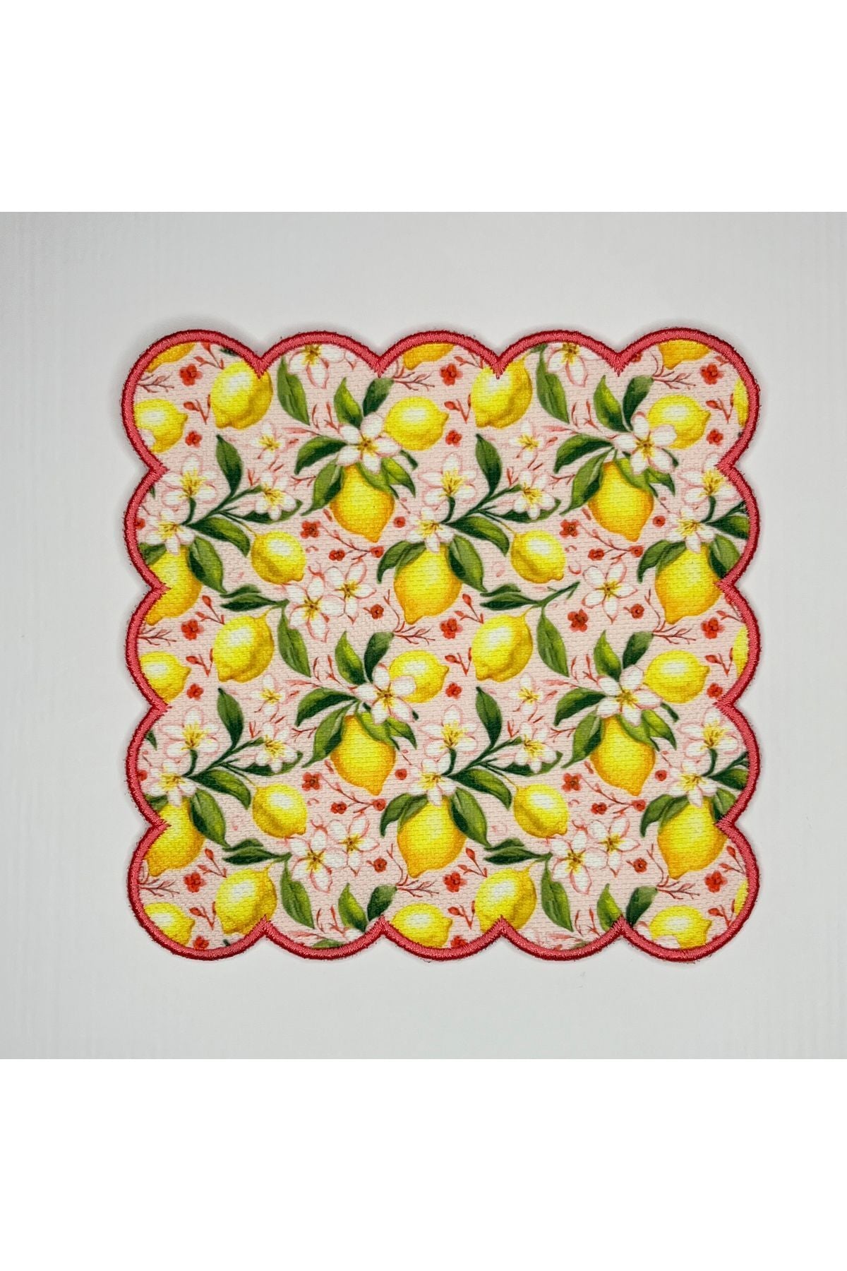 Pastel Pembe Zemin Sulu Boya Limon ve Çiçek Nakış Kenar Dijital Baskılı Kokteyl Peçetesi