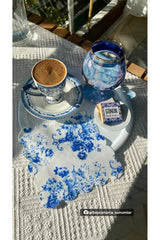 Toile De Jouy Mavi Çiçek Desenli Dijital Baskılı Kokteyl Peçetesi Yıkanabilir Lazer Kesimli