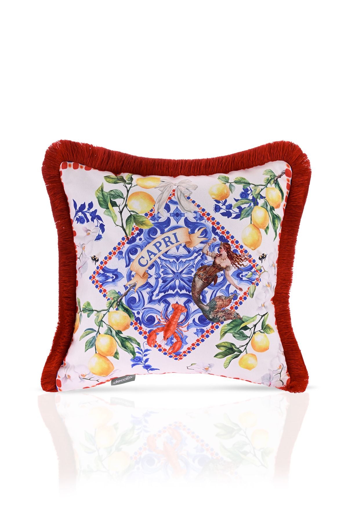 Capri Limonata – Mavi Beyaz Akdeniz Tasarımlı Saçaklı Kadife Kırlent Kılıfı - 43x43cm