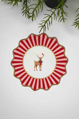 Oval Dekoratif Kırmızı Nakış Kenarlı Geyik Desenli Kokteyl Peçetesi 1 Adet