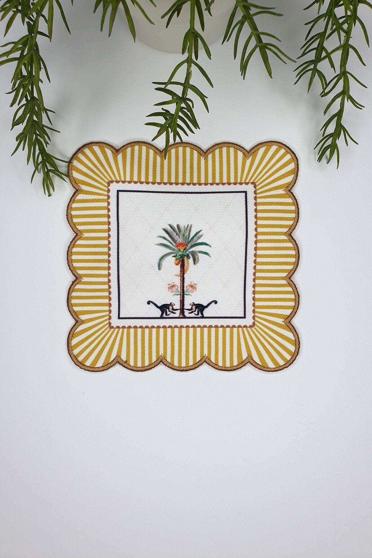 Decorative Yellow Palm Tree, Monkey Design Embroidered Edge Fabric Cocktail Napkin 1 Piece