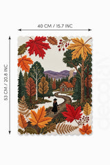 Yapraklı Sonbahar Orman Yolu ve Kız Desenli Lazer Kesim Fırın Örtüsü - 43x55cm
