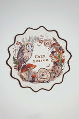 Peçeli Baykuş ve "Cozy Season" Yazılı Sonbahar Mantar Desenli Kenar Nakışlı Kokteyl Peçetesi 1 Adet