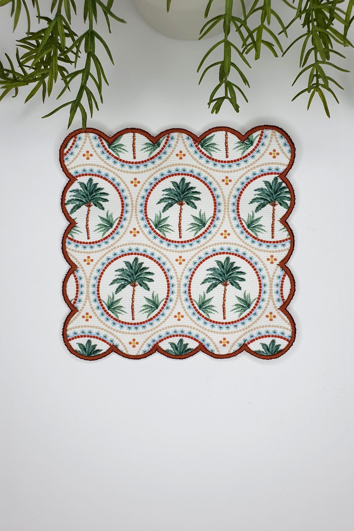 Decorative Palm Tree Design Embroidered Edge Cocktail Napkin 1 Piece