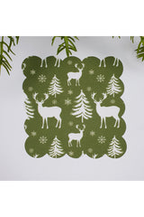 Yeşil Zemin Yılbaşı Geyik Silüet Desenli Yıkanabilir Kumaş Kokteyl Peçetesi 1 Adet