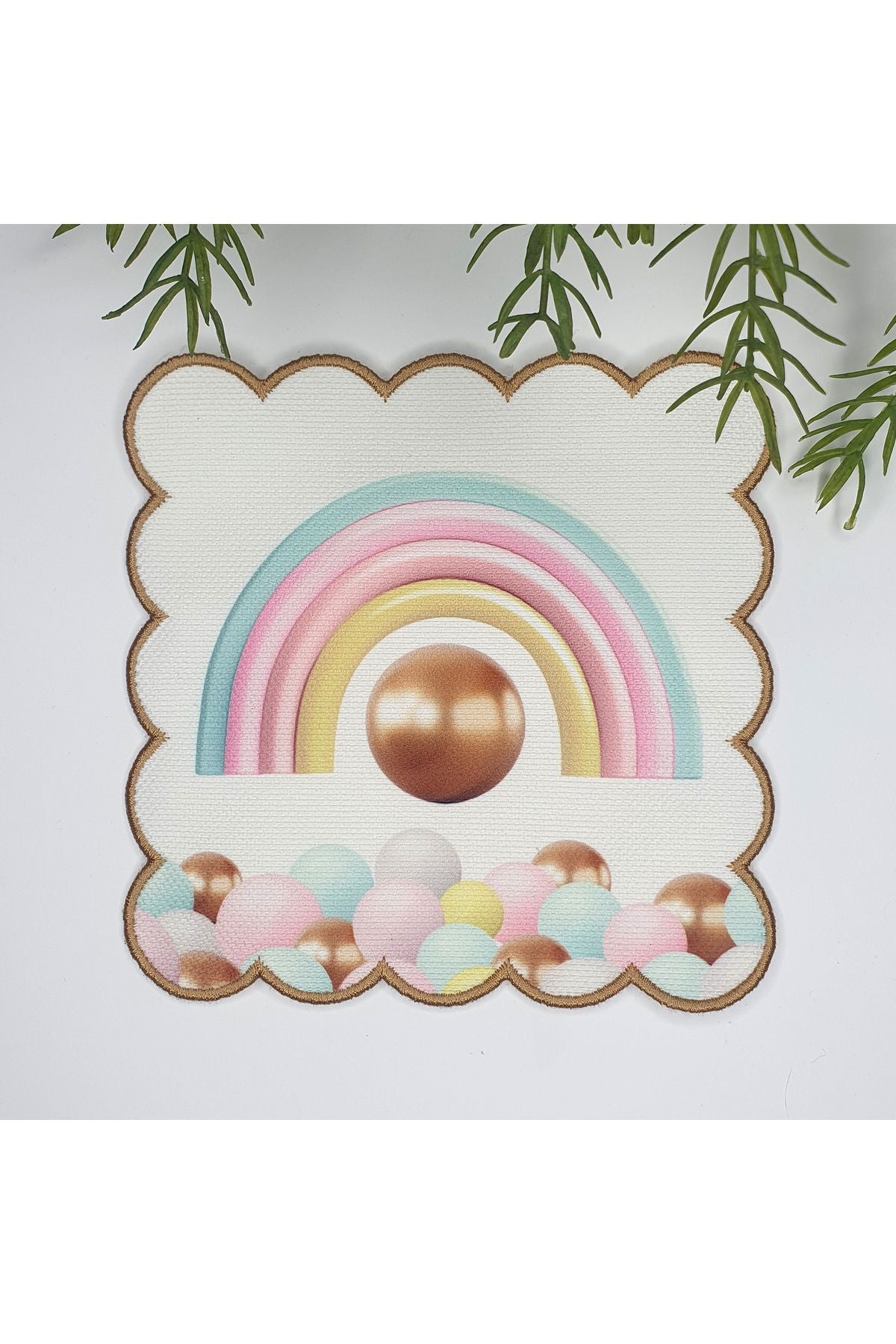 Pembe Gökkuşağı ve Balon Tasarımlı Nakış Kenar Kumaş Kokteyl Peçetesi 1 Adet