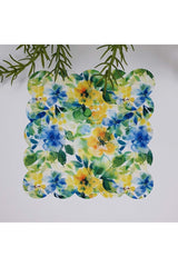 Sulu Boya Mavi Sarı Yeşil Çiçek Desenli Lazer Kesim Kumaş Kokteyl Peçetesi 1 Adet