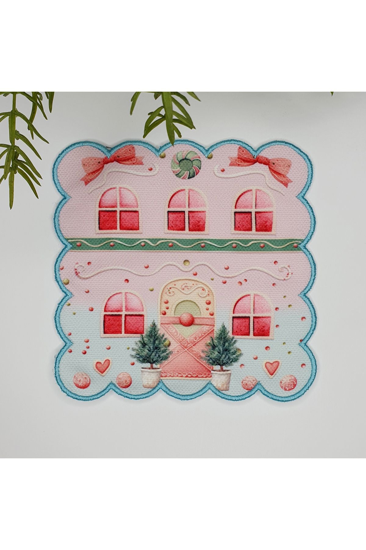 Pembe Mavi Şeker Ev Desenli Nakış Kenar Kokteyl Peçetesi Yıkanabilir 1 Adet