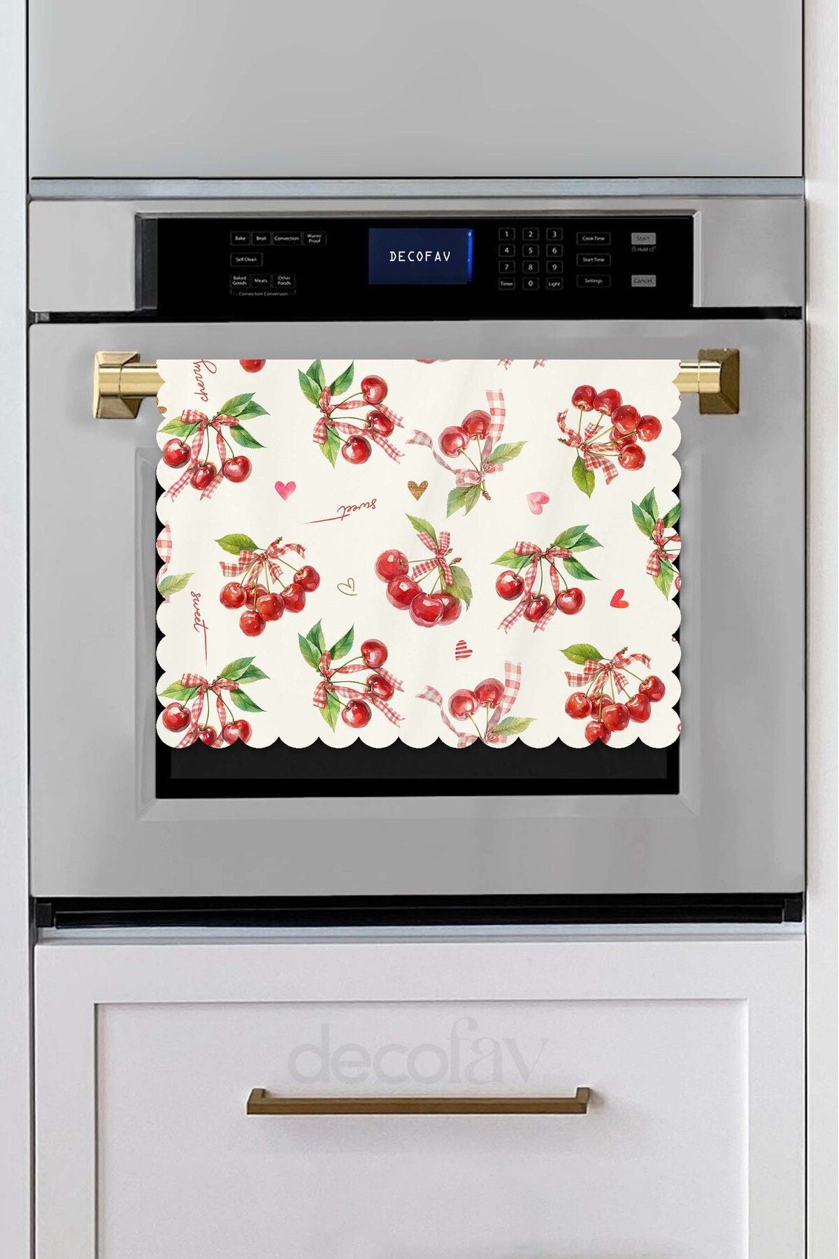 Sulu Boya Kirazlar ve Yazılar Dijital Baskılı Lazer Kesim Dikişsiz Fırın Örtüsü - 40x53cm
