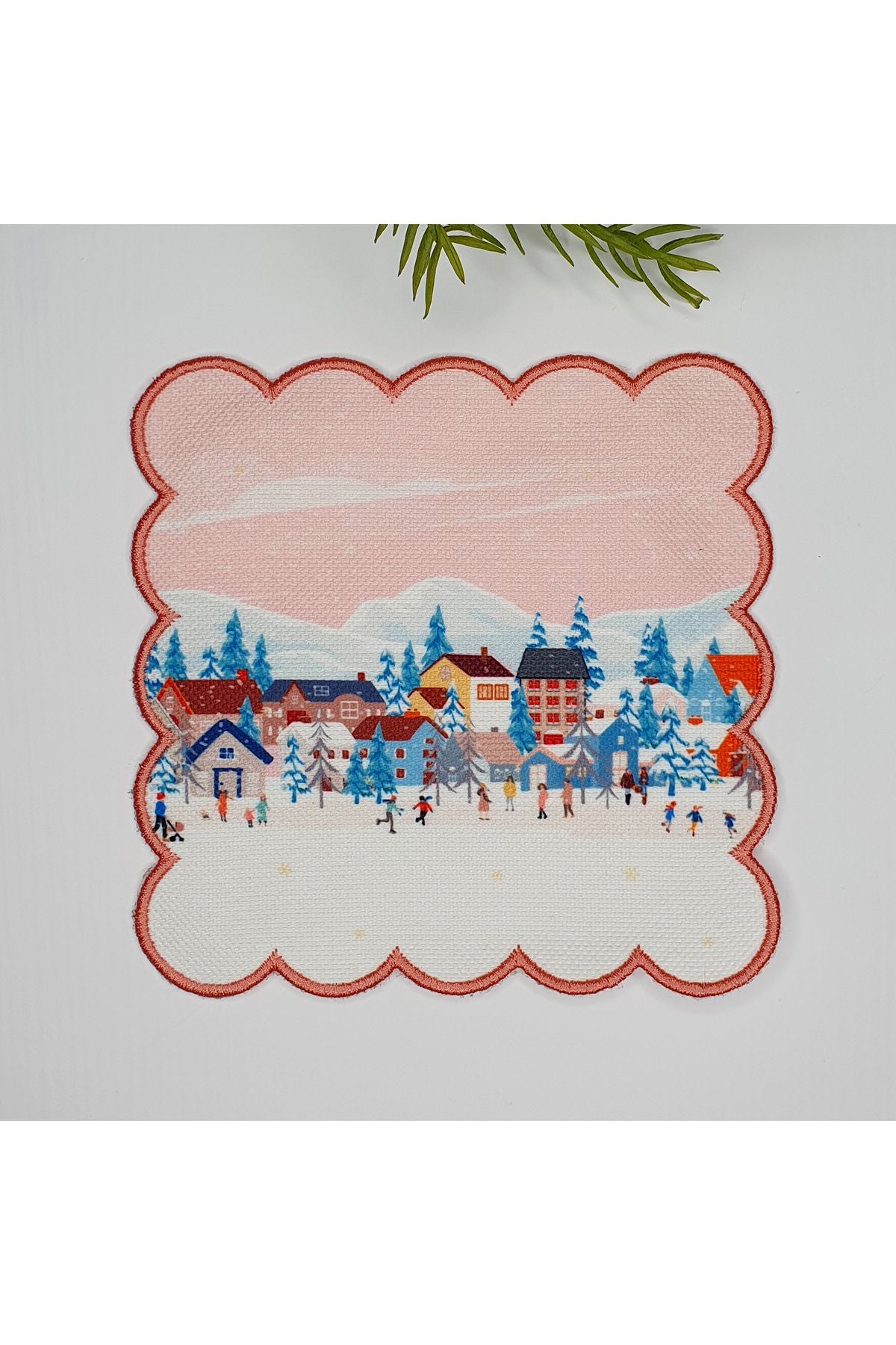 Pembe Gökyüzlü Kar Temalı Dijital Baskılı Nakışlı Kokteyl Peçetesi