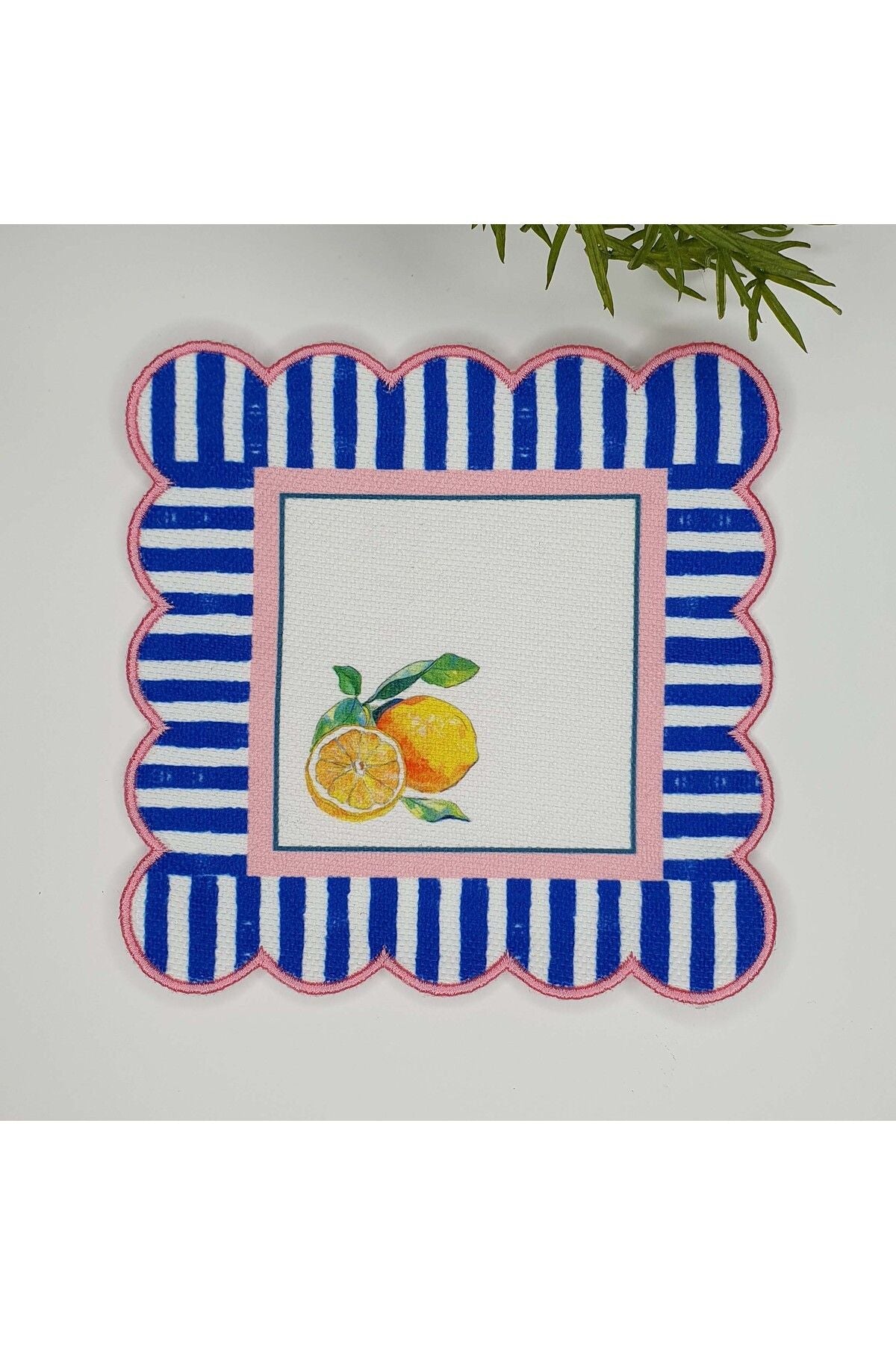 Decorative Edge Lemon Patterned Embroidered Edge Fabric Cocktail Napkin 1 Piece