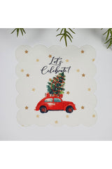Şirin Kırmızı Araba ve Yılbaşı Ağacı Tasarımlı Lazer Kesim Kumaş Kokteyl Peçetesi 1 Adet