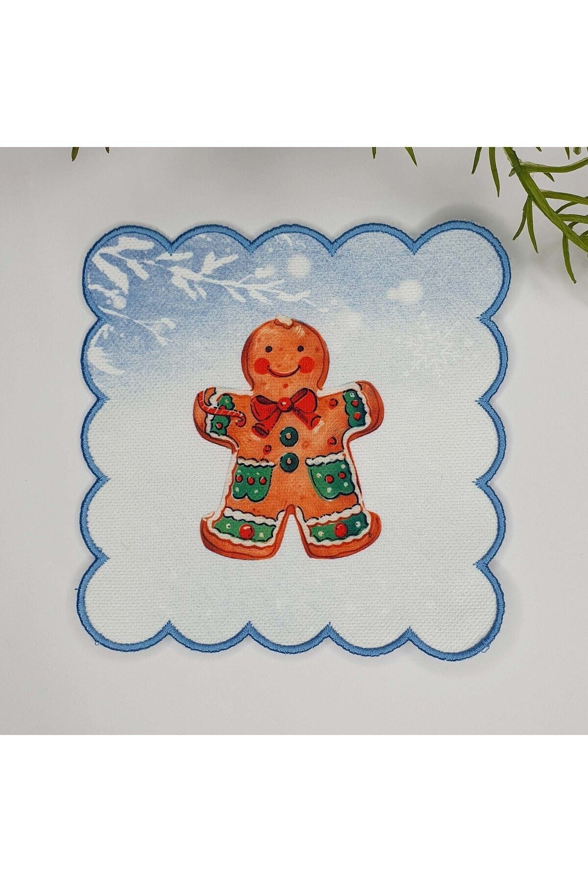 Yılbaşı Kurabiye Adam Desenli Dijital Baskılı Kenarı Nakışlı Kokteyl Peçetesi