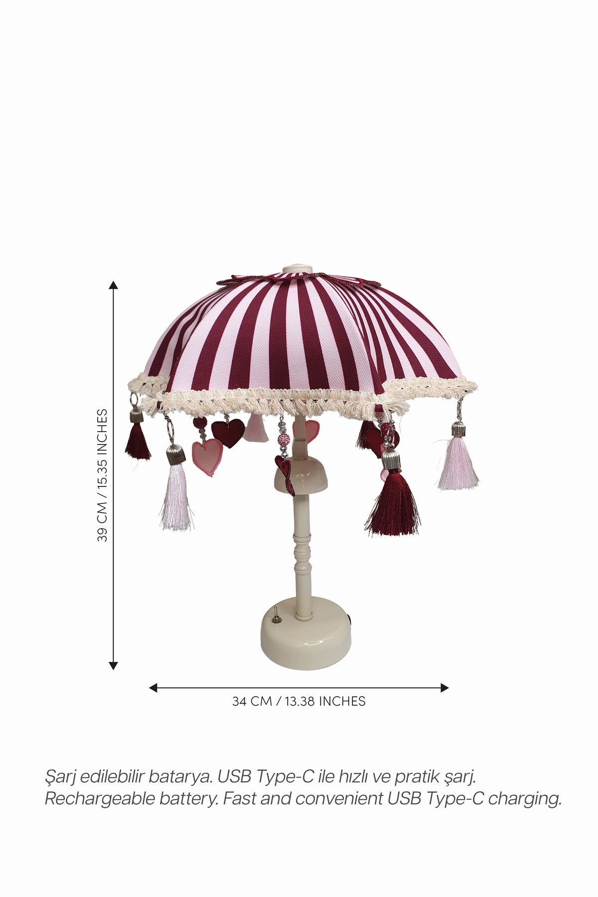 Valentine Candy Bali Şemsiyesi Şarjlı LED Aplik – Kalp Detaylı Pembe Bordo Dekoratif Aydınlatma