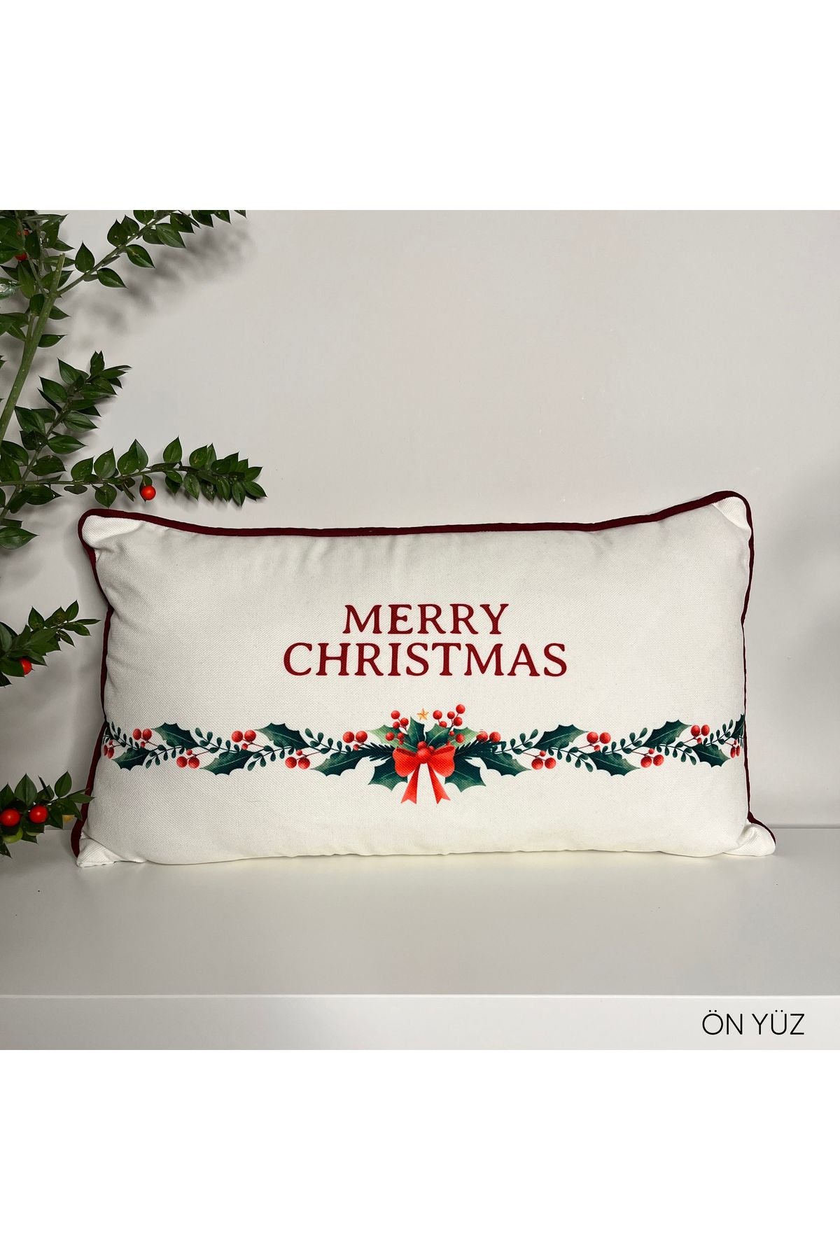 Merry Christmas Sloganlı Dekoratif Bel Yastığı Kılıfı Yılbaşı Desenli Bordo Fitilli - Decofav | Kırlent, Sofra Tekstili, Kumaş