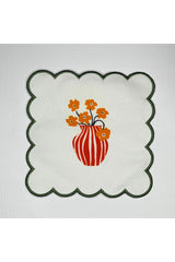 Kırmızı Vazo Turuncu Çiçek Desenli Etrafı Nakışlı Yıkanabilir Kokteyl Peçetesi