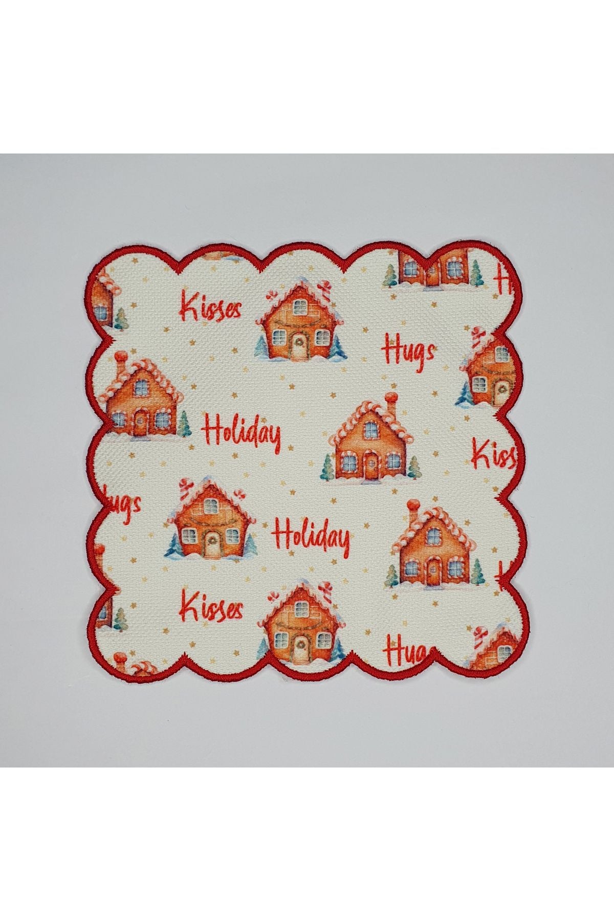 Yılbaşı Kurabiye Ev ve Slogan Desenli Etrafı Nakışlı Kokteyl Peçetesi