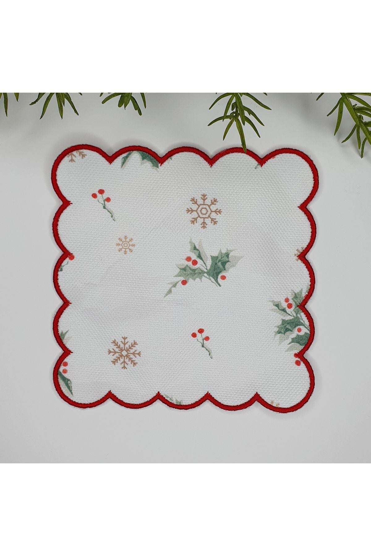 Minimal Yılbaşı Temalı Kokina Desenli Nakış Kenar Kokteyl Peçetesi 1 Adet