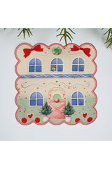 Sulu Boya Şeker Ev Tasarımlı Yılbaşı Konsept Etrafı Nakışlı Kumaş Kokteyl Peçetesi 1 Adet