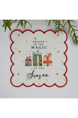 Yılbaşı Konsept Hediye Kutuları ve Slogan Tasarımlı Nakış Kenar Kumaş Kokteyl Peçetesi 1 Adet