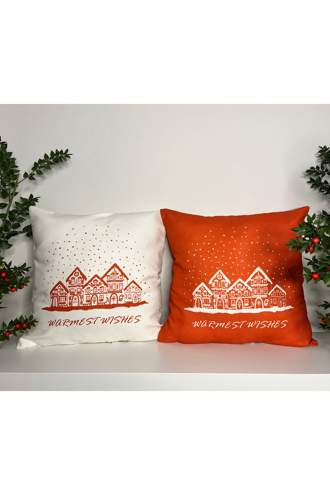 Warmest Wishes Sloganlı Ev Desenli Ekru Kırlent Kılıfı