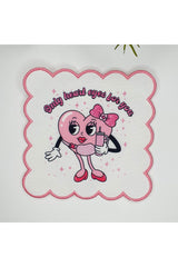 Kokoş Kalp ve Slogan Tasarımlı Nakış Kenar Kumaş Kokteyl Peçetesi 1 Adet