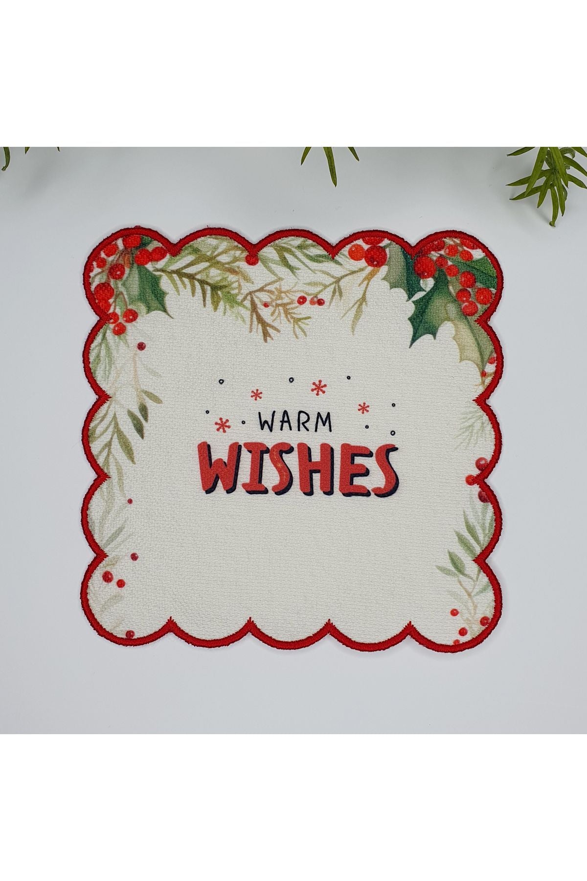 Warm Wishes Slogan Desenli Yılbaşı Kokteyl Peçetesi Nakış Kenar 1 Adet