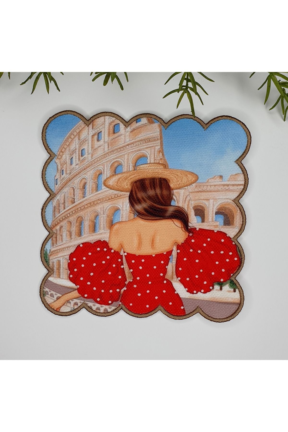 El Çizimi Kırmızı Elbiseli Kadın Nakış Kenar Kokteyl Peçetesi 1 Adet