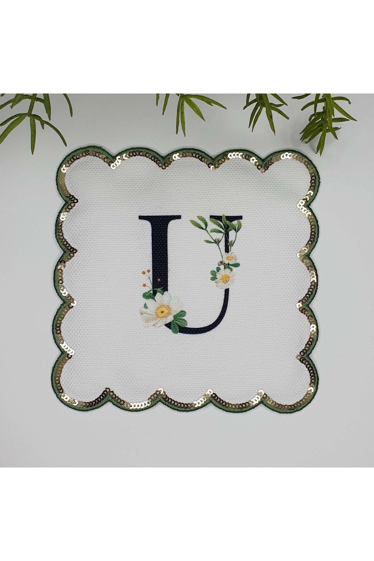 U Harfi Baskılı Kişiye Özel Pul İşlemeli Monogramlı Nakış Kenar Pullu Kokteyl Peçetesi 1 Adet