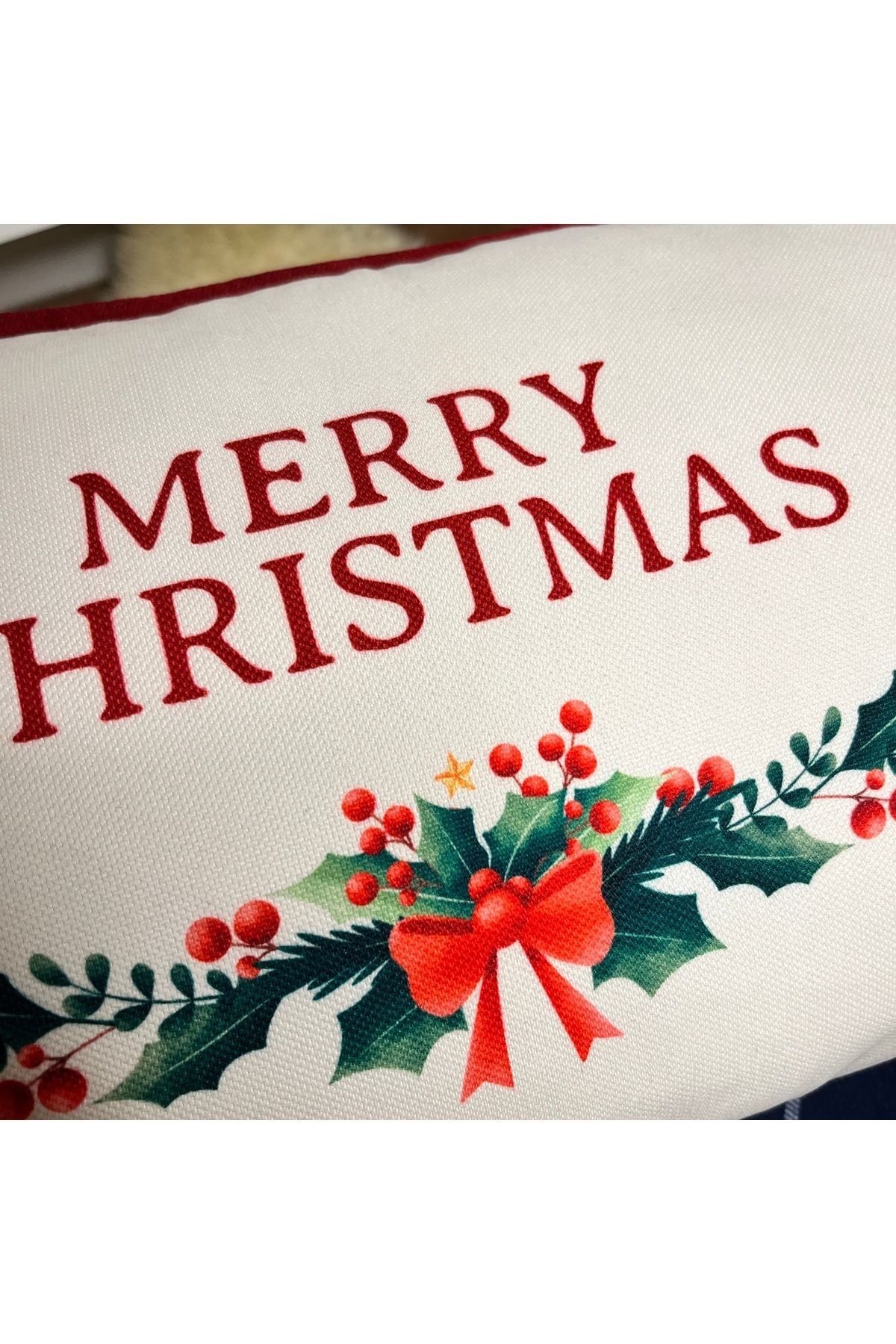 Merry Christmas Sloganlı Dekoratif Bel Yastığı Kılıfı Yılbaşı Desenli Bordo Fitilli - Decofav | Kırlent, Sofra Tekstili, Kumaş