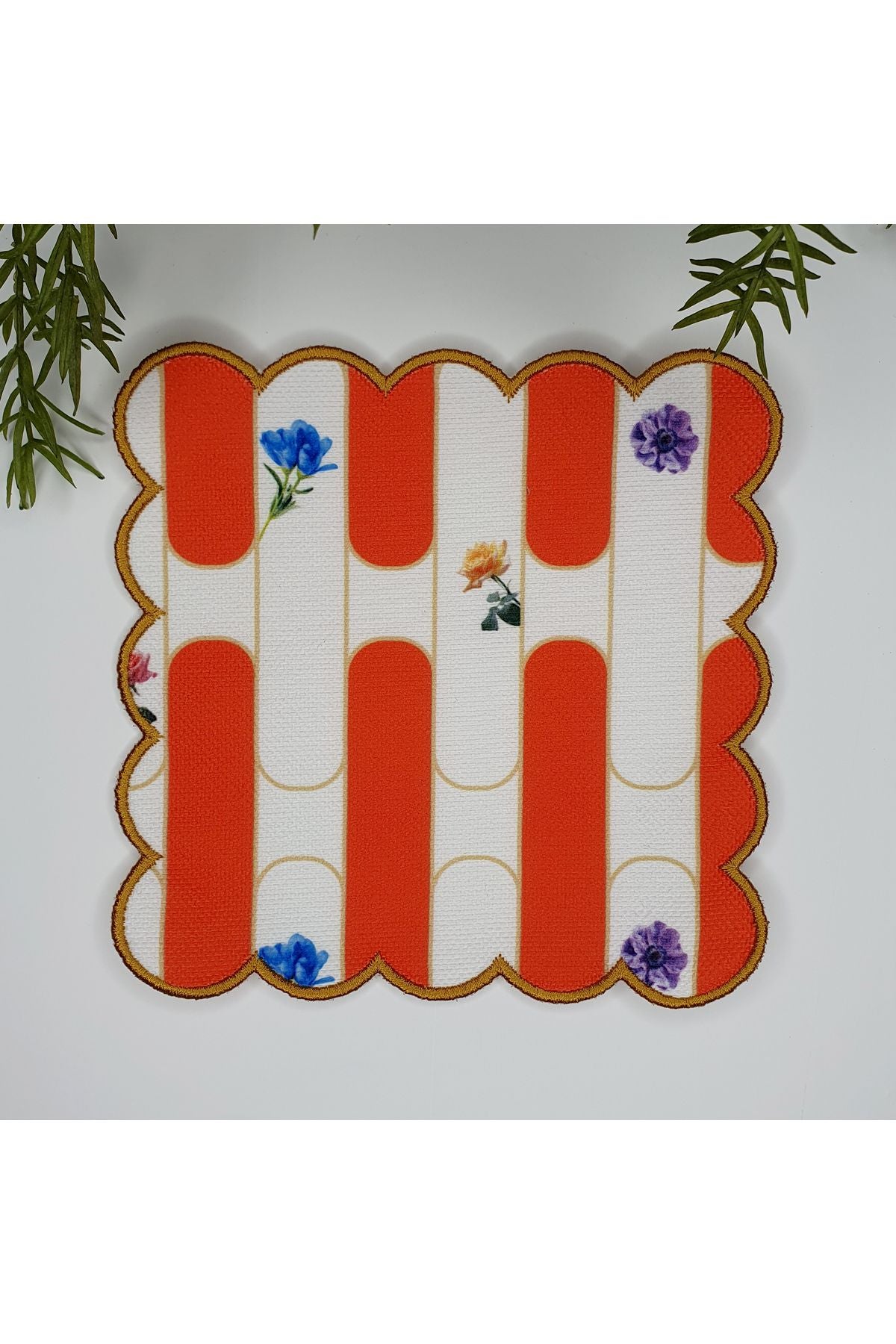 Turuncu Geometrik Şerit Desenli Nakış Kenar Dijital Baskılı Kumaş Kokteyl Peçetesi 1 Adet