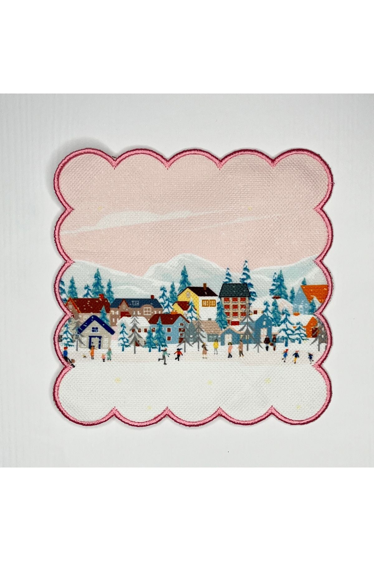 Pembe Gökyüzü Yılbaşı Temalı Dijital Baskılı Nakışlı Kokteyl Peçetesi Yıkanabilir