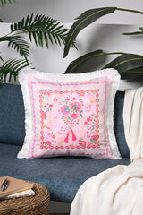 Love Bloom Kalpli Pembe Renkli Çiçekli Saçaklı Kadife Kırlent Kılıfı - 43x43cm
