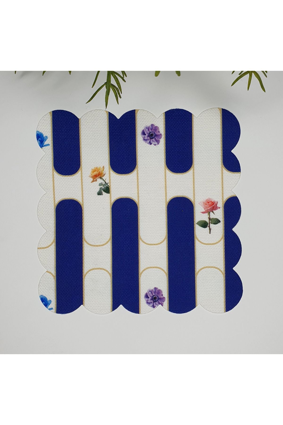 Decorative Navy Blue Stripe Patterned Floral Laser Cut Fabric Cocktail Napkin 1 Piece