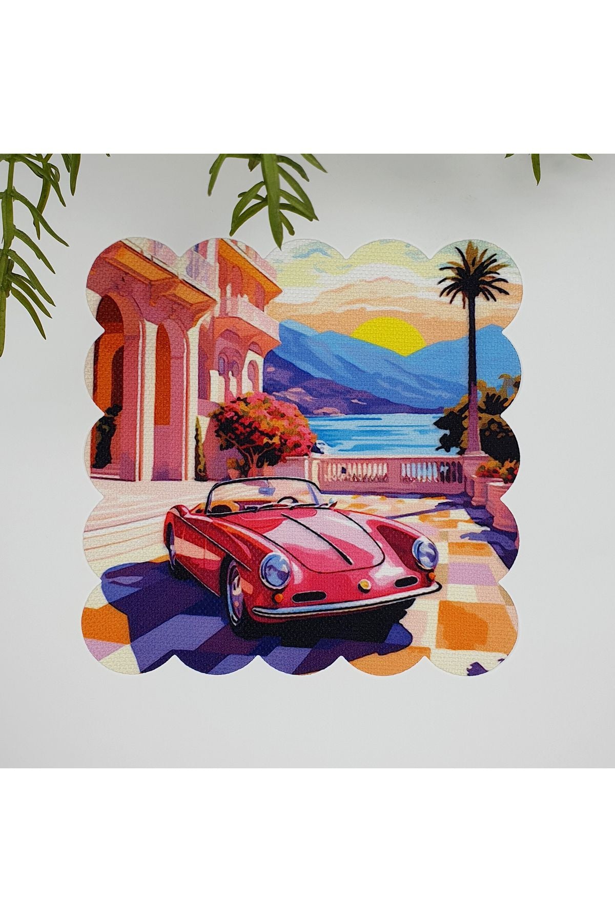Sulu Boya Klasik Araba ve Gün Batımı Desenli Yıkanabilir Kumaş  Kokteyl Peçetesi 1 Adet