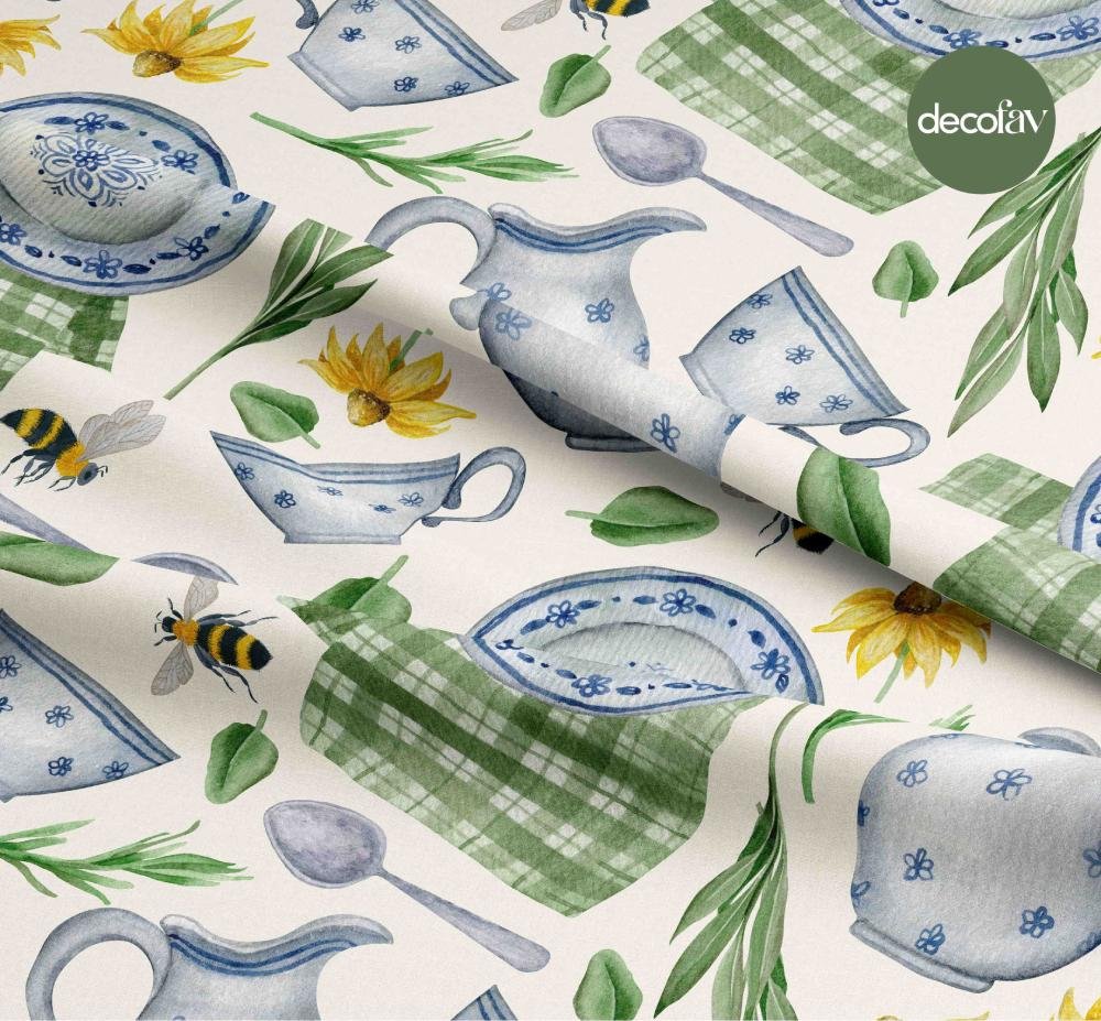 Watercolor Kitchen Objects Bee Flower Pattern Digital Printed Fabric
