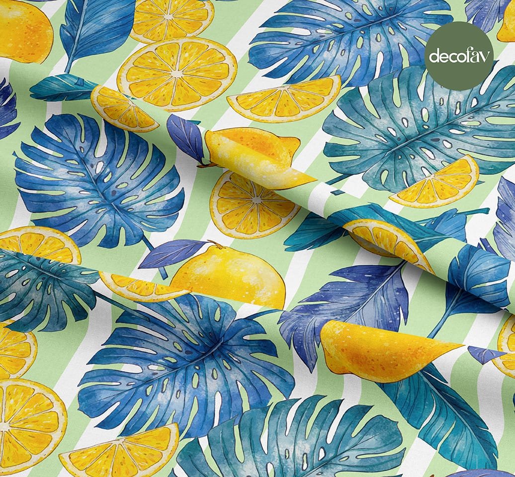 Limon Tropik Yaprak Desenli Dijital Baskılı Kumaş