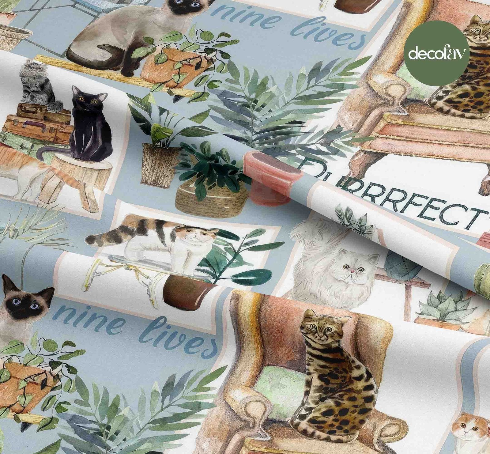 Digitally Printed Fabric with a Cat Pattern Sitting on a Sofa