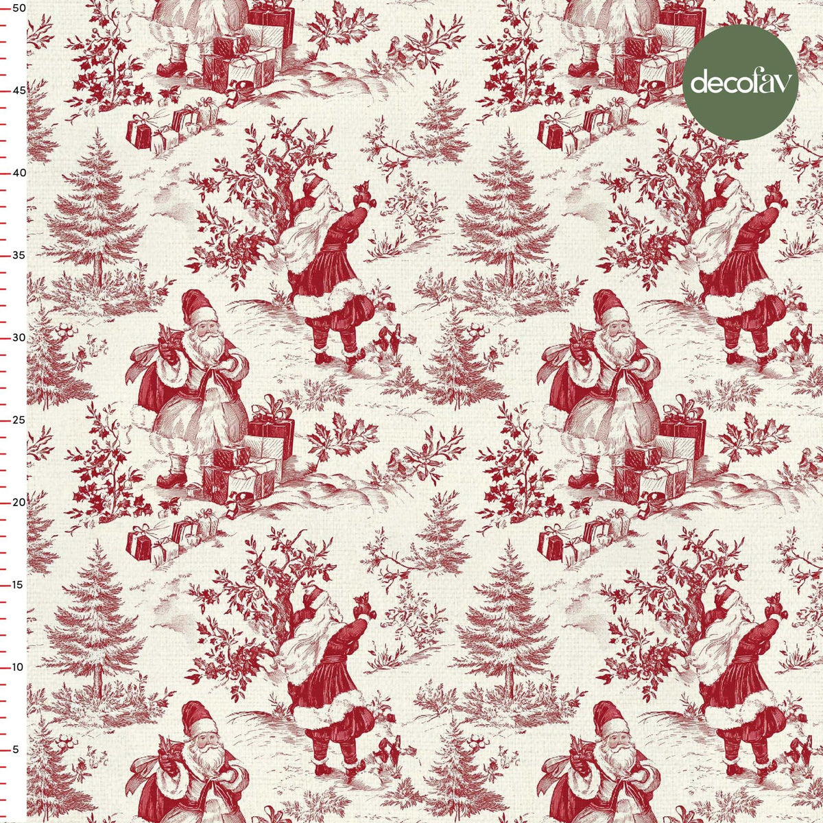 Kırmızı Noel Baba Yılbaşı Toile de Jouy Desenli Dijital Baskılı Kumaş