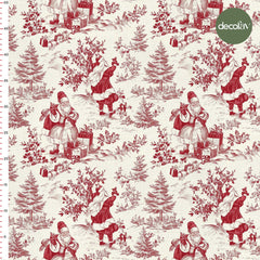 Kırmızı Noel Baba Yılbaşı Toile de Jouy Desenli Dijital Baskılı Kumaş