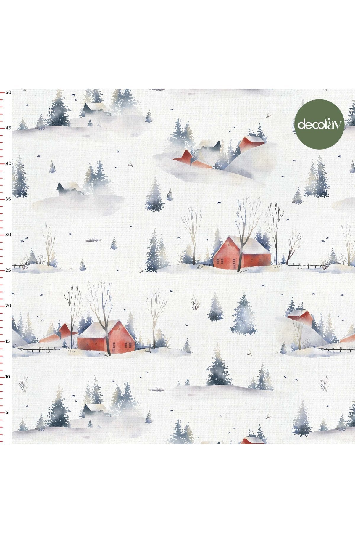 Digitally Printed Fabric with Watercolor Abstract Houses and Winter Landscape Pattern