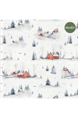 Digitally Printed Fabric with Watercolor Abstract Houses and Winter Landscape Pattern